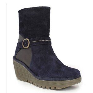 Fly London Yome Navy Suede And Leather Wedge Boots 40 US 9/9.5